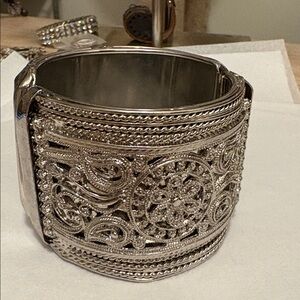 Amrita Singh wide cuff, hinged, filigree, bangle, silver tone